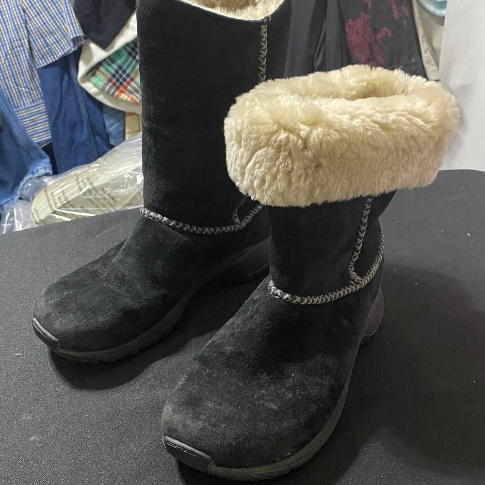 MERRELL ENCORE STITCH HIGH BLACK BOOT WO SIZE 7 SUEDE FAUX FUR LINED EUC‎ CLEAN